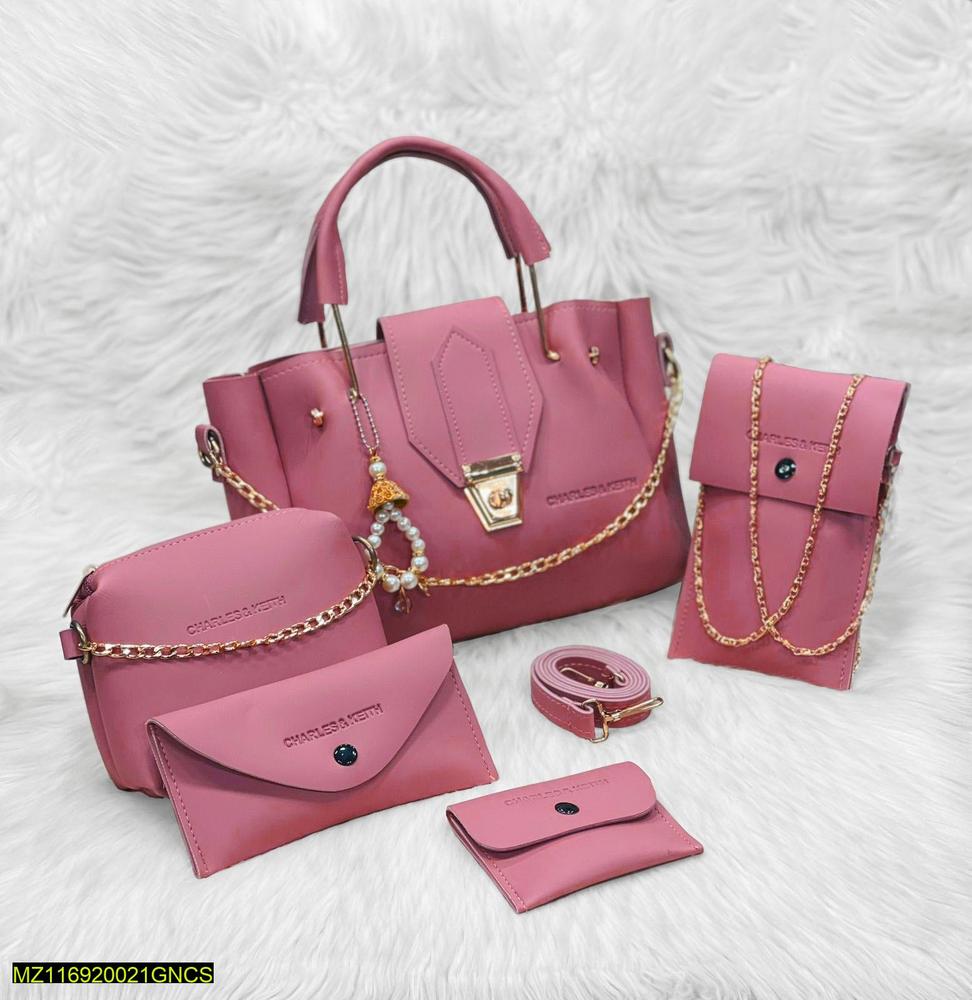 : 5 Pcs Women's PU Leather Plain Hand Bag Set